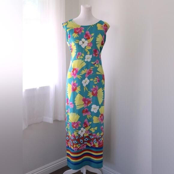 Vintage Y2K Mlle Gabrielle Dark Aqua Floral Print Sleeveless Tie Back Maxi Dress - Picture 2 of 7
